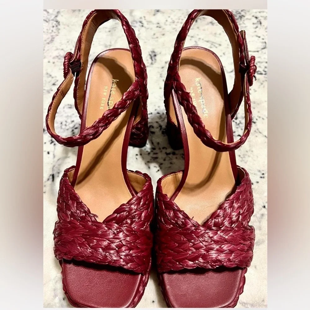 NEW Kate Spade Disco Braided Raffia Platform Sandals - Pinot Noir Red 9 Defaced